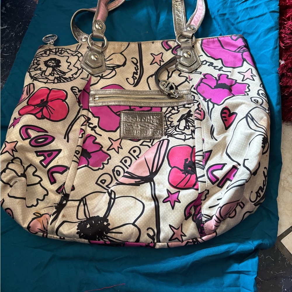 Coach Pink Floral Poppy Print Tote with Gold Accents